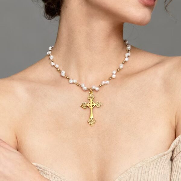 O1CN01IJ7exj1x6VYubC4n3_2218560116394-0-cib Wholesale Pearl Cross Round Bead tassel Pendant Necklace