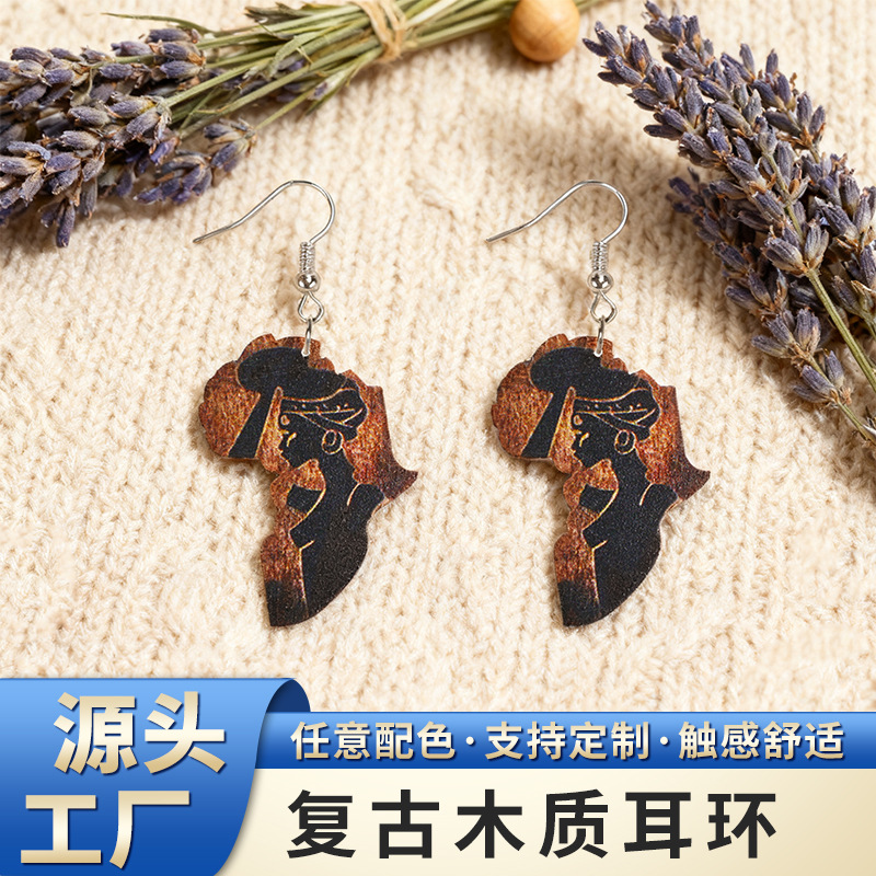 Wholesale Vintage Wooden African Silhouette Earrings Versatile op Earrings