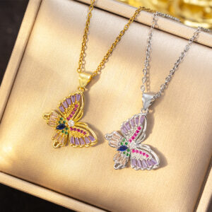 Wholesale Butterfly inlaid zirconia titanium steel necklace