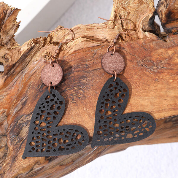 Wholesale Valentine's Day Love Wood Pieces Hollow Mesh Leather Earrings