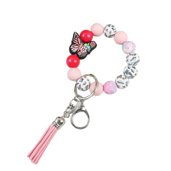 Wholesale Butterfly Pendant Beaded Keychain Solid Color Silicone Wooden Keychain