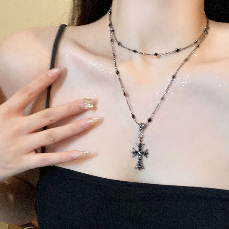 Wholesale Dark Zircon Cross Beaded Necklace