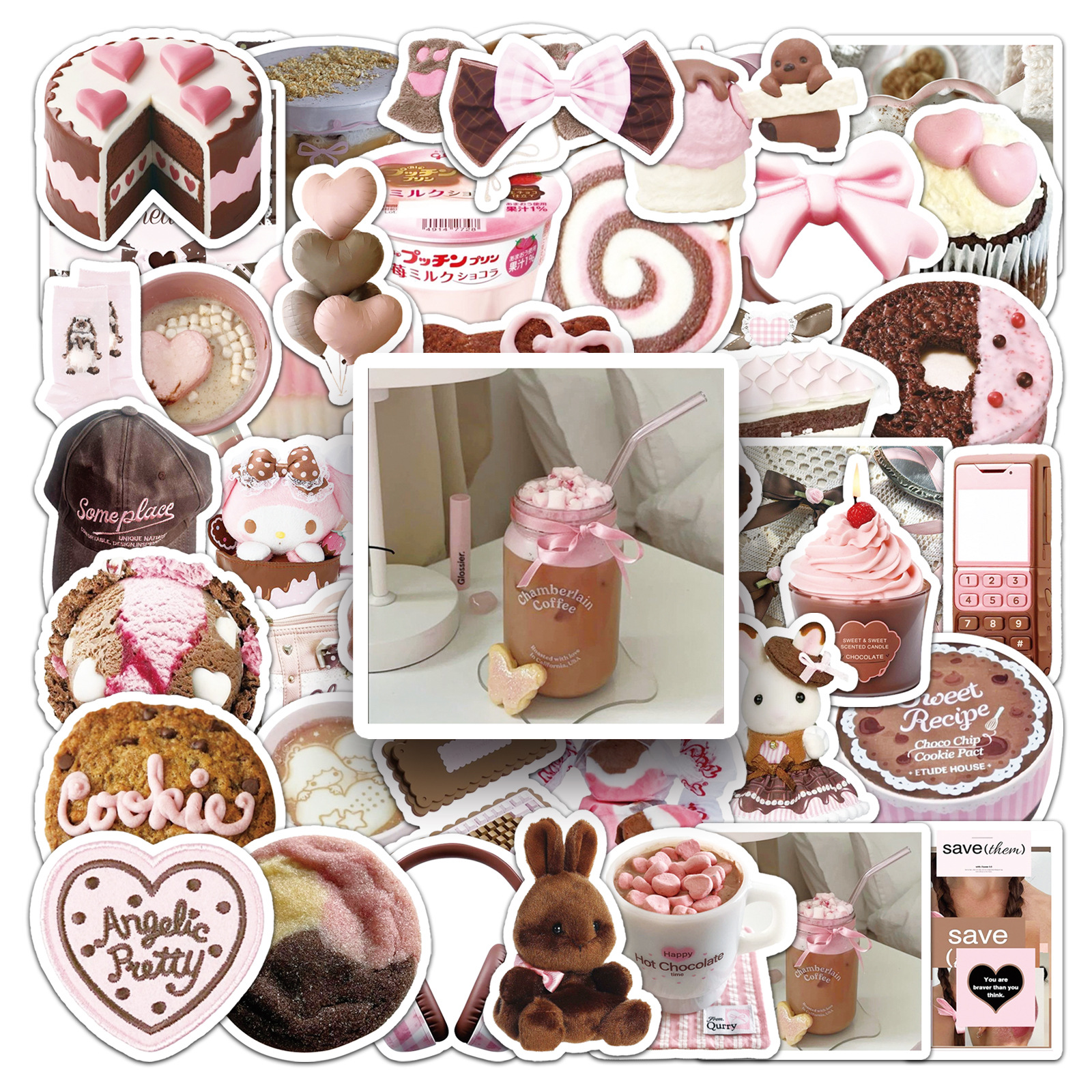 Wholesale 50 Pink and Brown Ins Style Graiti Stickers, Small Fresh Chocolate Girl Heart Dessert Decoration Mobile Phone Water C Stickers