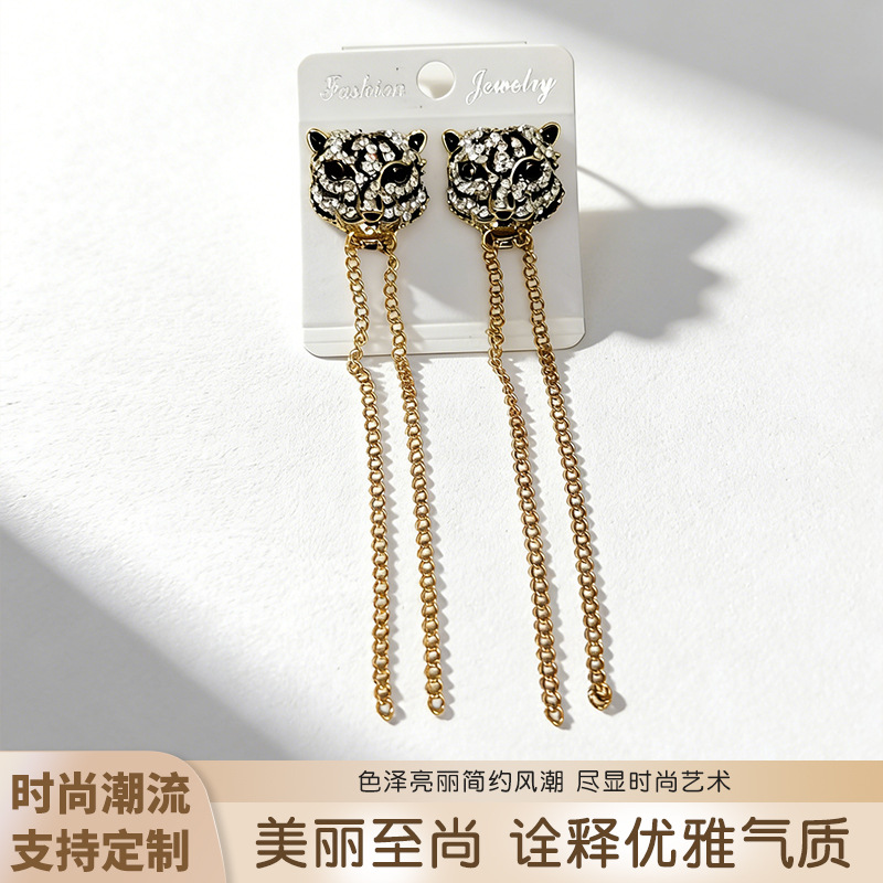 Wholesale 925 Sier Leopard Head Full Diamond Tassel Earrings