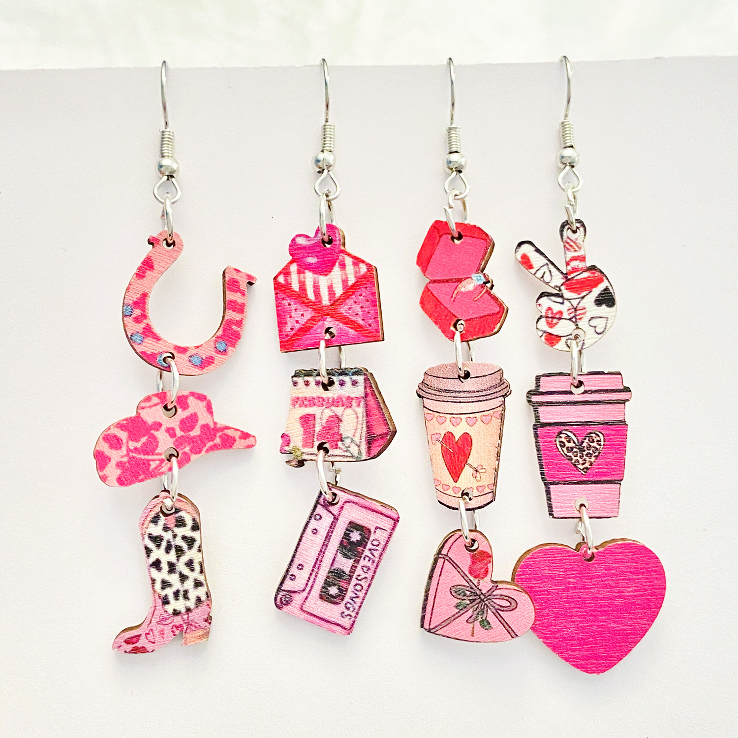 Wholesale Valentine's Day pink heart-shaped rose fringed earrings