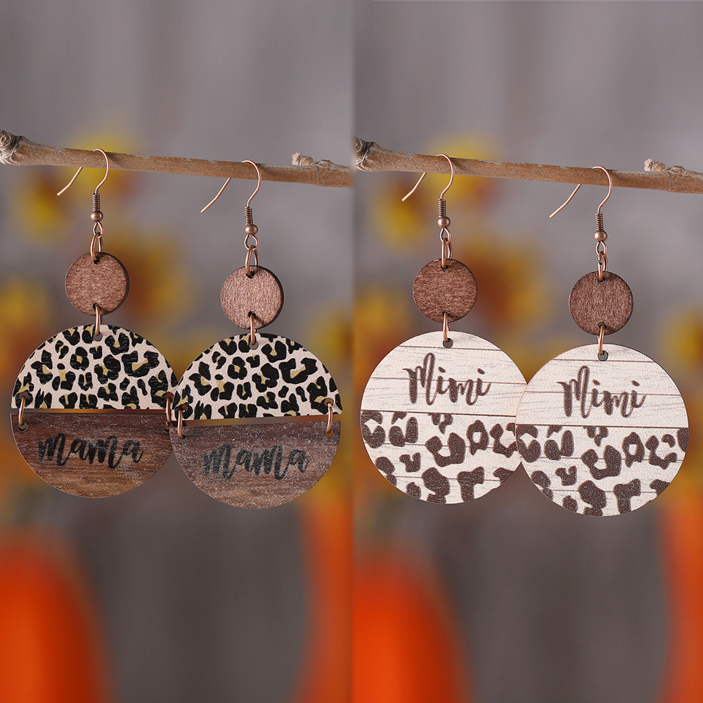 Wholesale Mother's Day Leopard Round Pieces ing Pendant Wooden Earrings