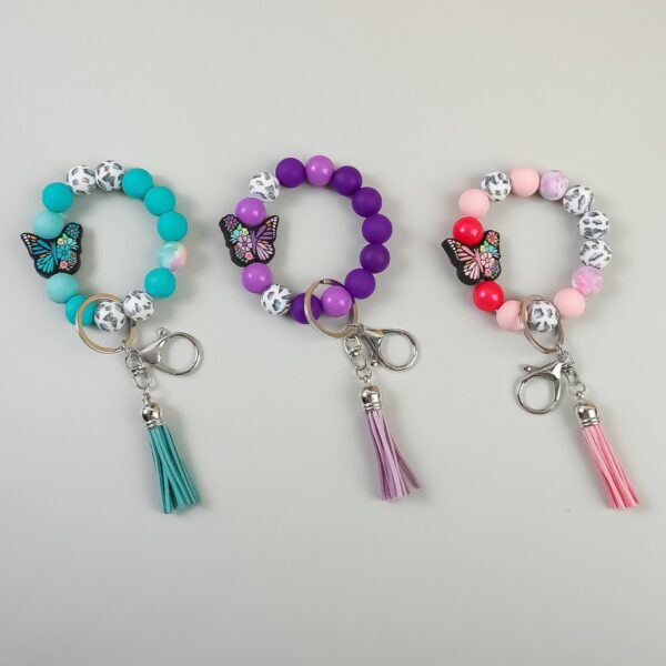 Wholesale Butterfly Pendant Beaded Keychain Solid Color Silicone Wooden Keychain