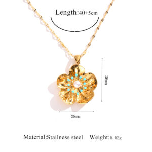 1/ Gold Flower Pearl Pendant - Blue Necklace