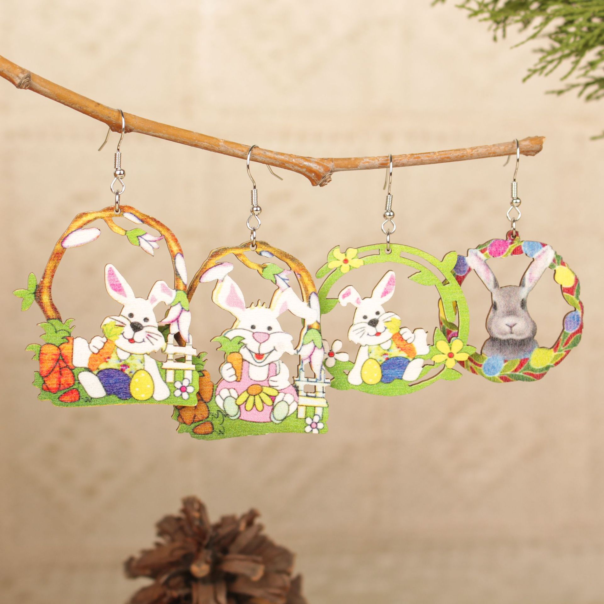 Wholesale Easter Rabbit Easter E Basket Splicing Wooden Earrings