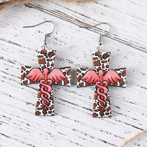 Wholesale Cross Leopard Angel Pendant Earrings Wooden Double-sided Earring Gift