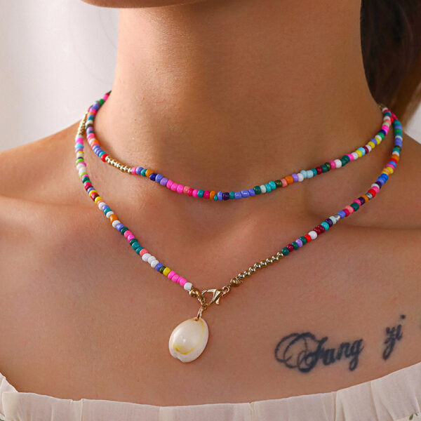 Wholesale Bohemian-style candy-colored double-layer rice bead necklace shell choker