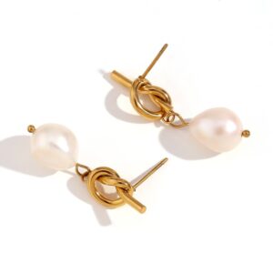 Knot button freshwater pearl stud earrings-gold