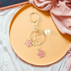 Pink five-petal flower pearl keychain