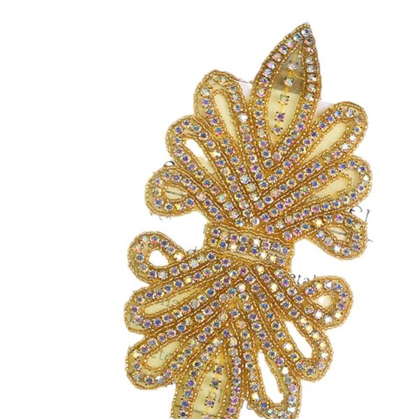 Wholesale New Gold-Colored Crystal Glass Rhinestone Applique with Colored Diamonds, Handmade Rhinestone Applique for Bridal Waistbands with Adhesive Backing