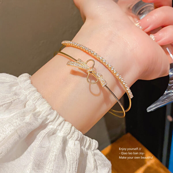 Wholesale Gold silver zircon bow double layered open bracelet