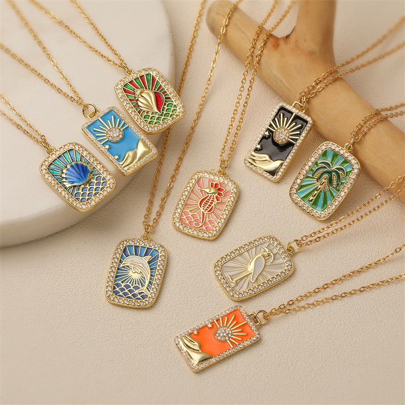 Wholesale Colorful ip Oil Shell Conch Tarot Pendant Necklace with Micro Set Colored Zircon