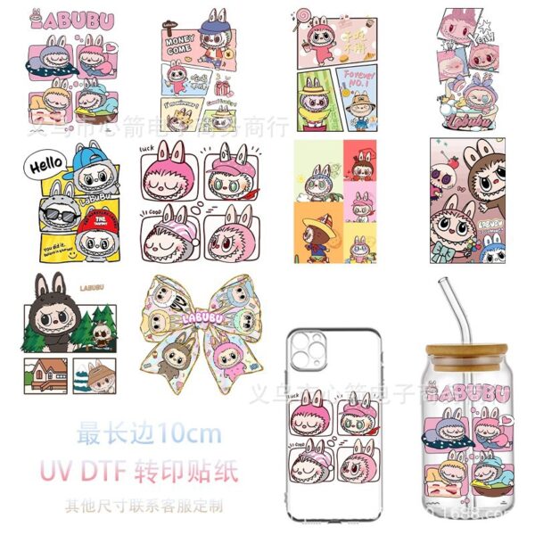 Wholesale Labubu Cartoon Uv Dtf Transfer Crystal Transparent Sticker 10cm Waterproof and Scratch-Resistant Decorative Water Cup Wholesale Cross-Border