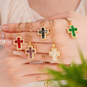 Wholesale copper inlaid colorful zircon cross pendant necklace