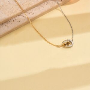 Gold steel double ring single row diamond necklace