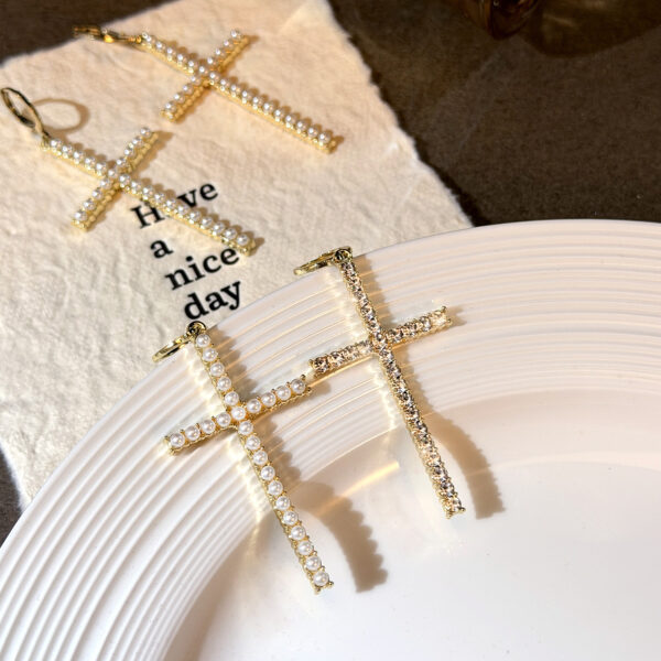 Wholesale Diamond and pearl cross Easter earrings