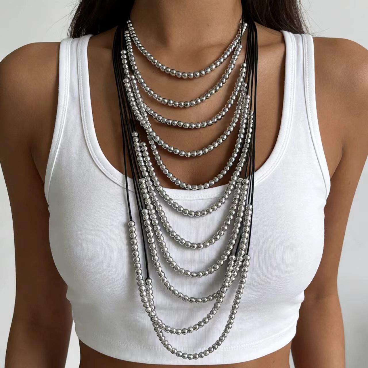 Wholesale Electroplated circular bead multi-layer layered necklace