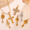 Wholesale Stainless steel gold-colored diamond-studded key cross pendant