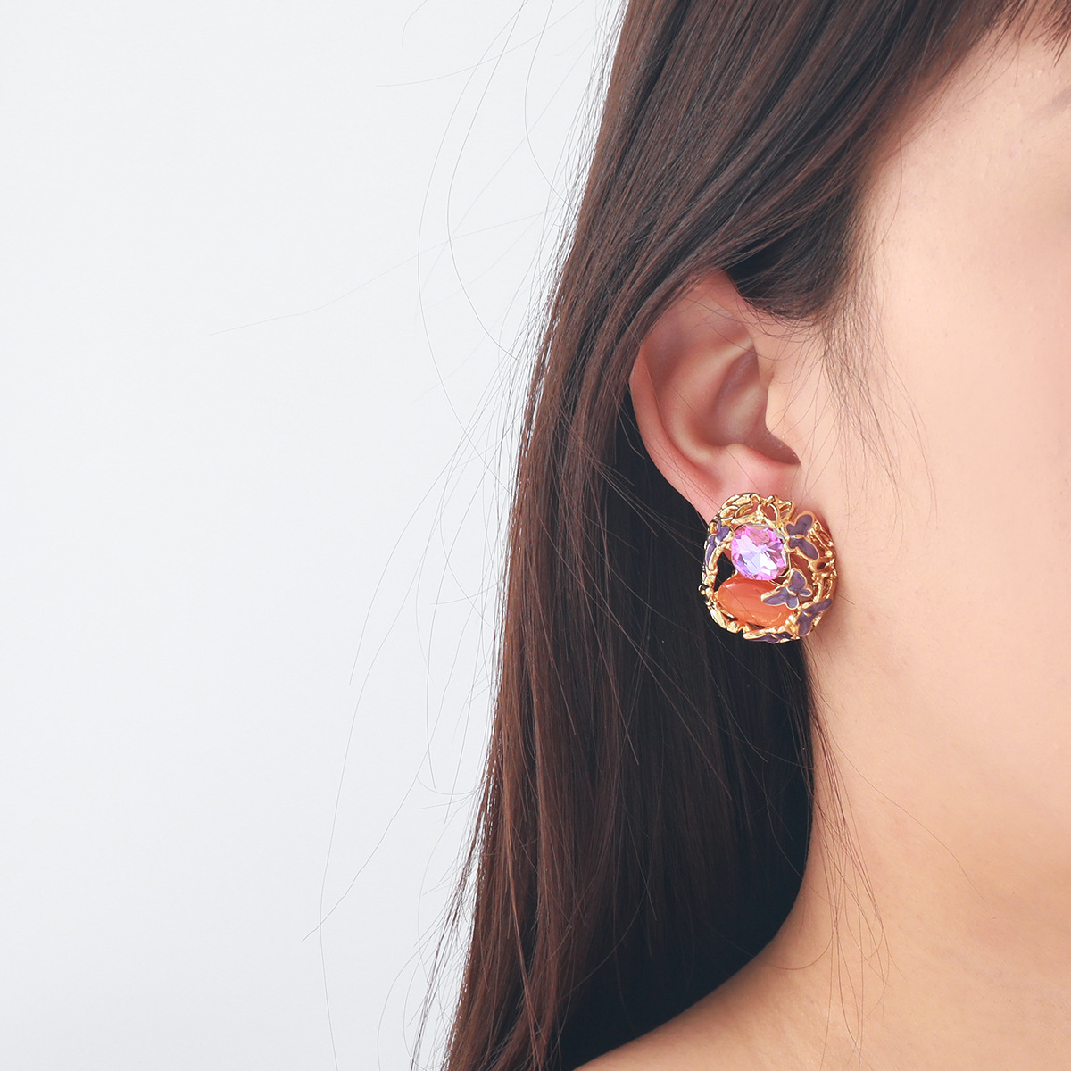 Wholesale Enamel inlaid diamond flower butterfly earrings