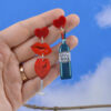Wholesale Red Wine Bottle Romantic Fiery Red Lip Wine Glass Valentine's Day Asymmetrical Earrings