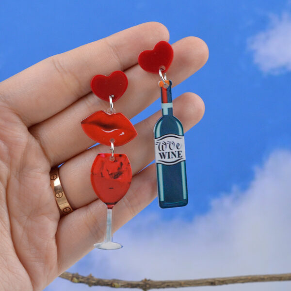 Wholesale Red Wine Bottle Romantic Fiery Red Lip Wine Glass Valentine's Day Asymmetrical Earrings
