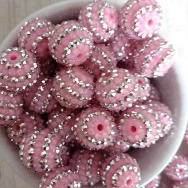 Wholesale 5PCS 20MM Resin Silver Pink Striped Diamond Ball Beads