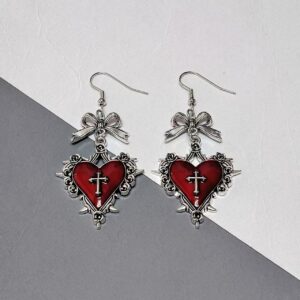Wholesale Dark Blood-Colored Heart-Shaped Rose Bow Thorn Gothic Earrings