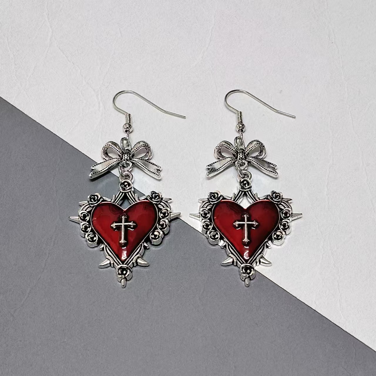 Wholesale Dark Blood-Colored Heart-Shaped Rose Bow n Gothic Earrings