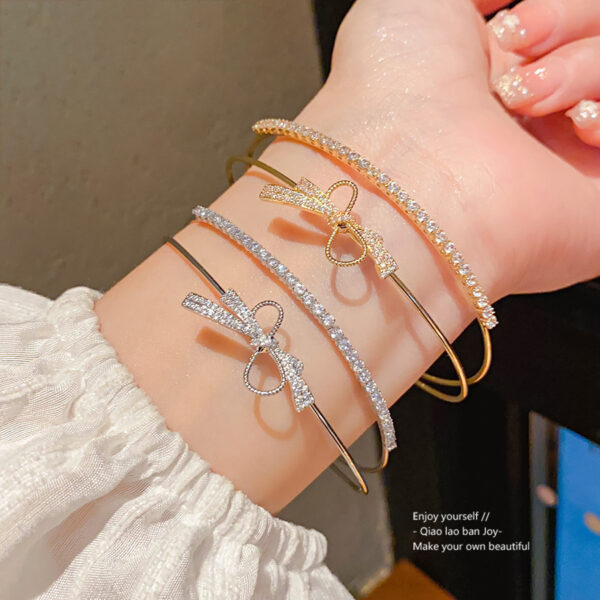 Wholesale Gold silver zircon bow double layered open bracelet