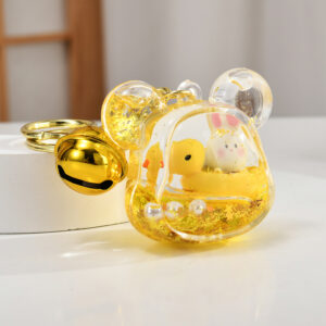 Bear head / Light gold chain + bathing duck rabbit + bell