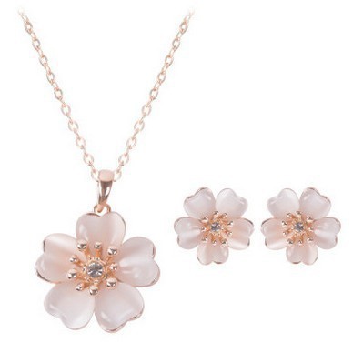 Wholesale Pink and white five petal flower necklace earring set