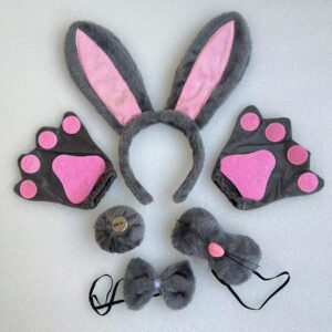 Fur powder gray rabbit nose four-piece gray gloves
