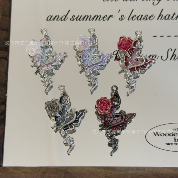 Wholesale 10pcs zircon butterfly gold pink rose relief hanging hole beads