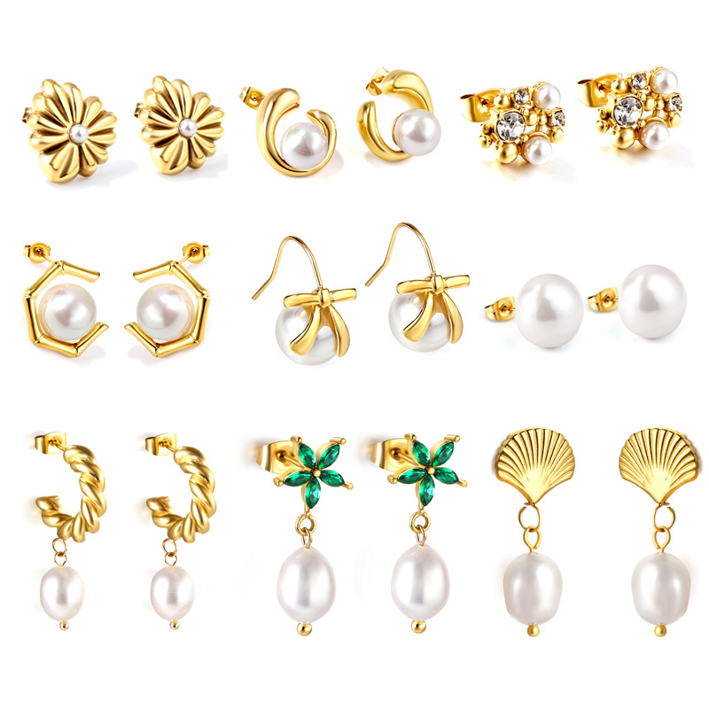 Wholesale 18k Gold Stainless Steel Inlaid Pearl Earrings for Women