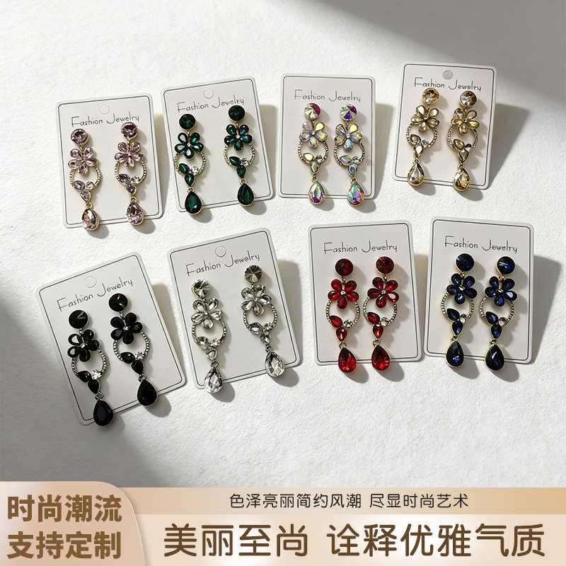 Wholesale Luxury full-diamond floral earrings, long tearop gemstone earrings, retro court style, flattering and versatile earrings.