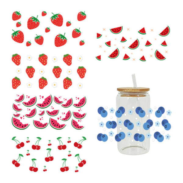 Wholesale Cartoon Cute Strawberry Watermelon Fruit Theme 16oz Cup UV DTF Wraps