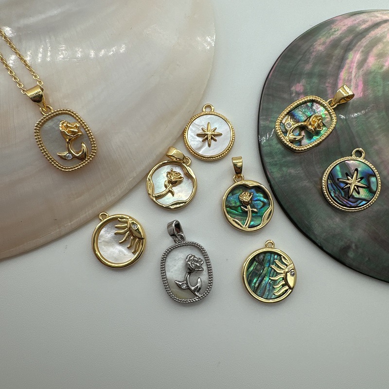 Wholesale 18K Copper Gold Plated Handmade Natural Shell Abalone Rose Eight inted Star Sun Pendant