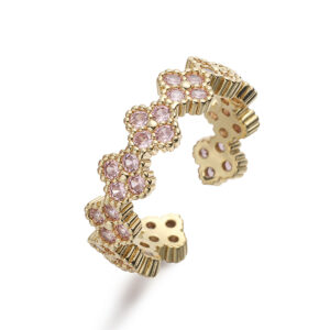 Gold pink diamond four leaf clover ring