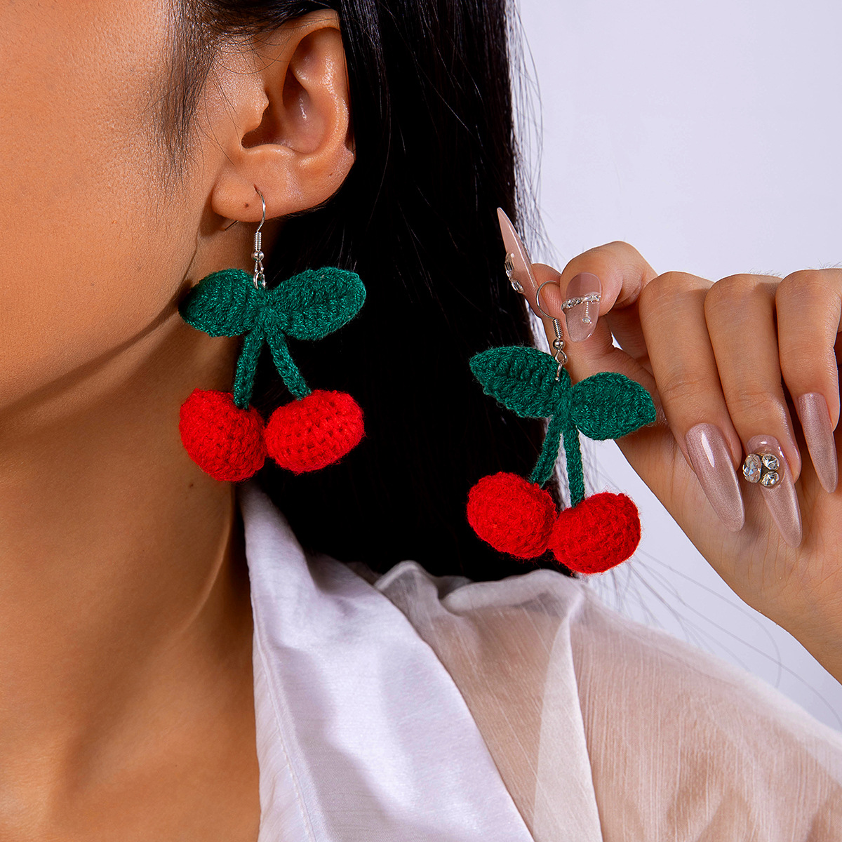 Wholesale Wool Woven Red Cherry Water Simulation Ft Earrings