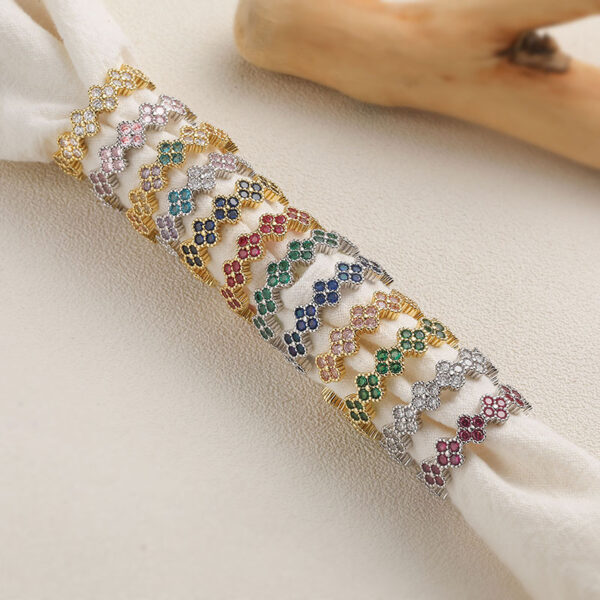 Wholesale Copper Inlaid with Colored Diamonds Four-Leaf Clover Ring