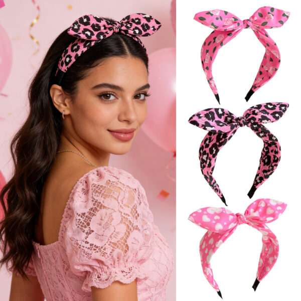 Wholesale Valentine's Day headband with bow, bunny ears, and a pink heart shape