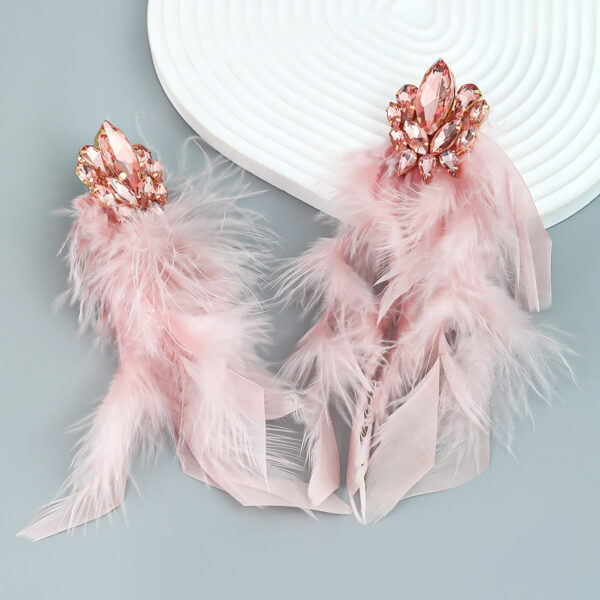 Wholesale Diamond studded floral long feather fringe earrings