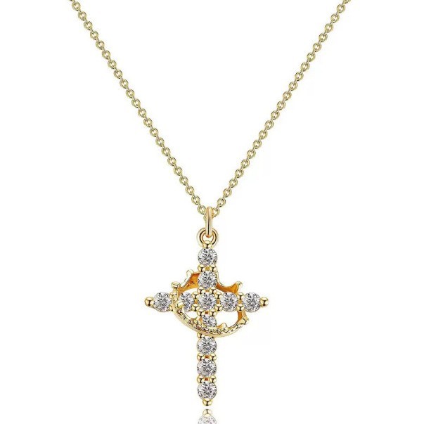 Wholesale Full Diamond Rotating Crown Cross Pendant Necklace