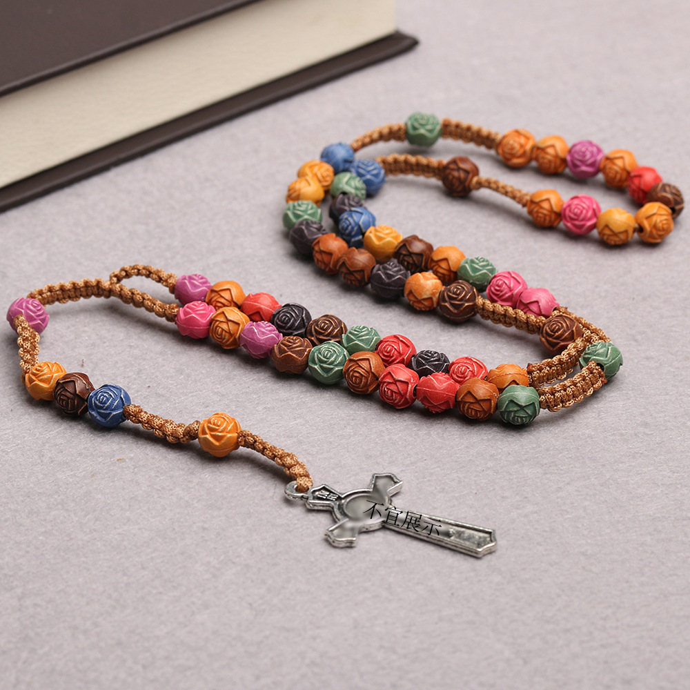 Wholesale Rose Scripture Colored Cross Prayer Bead Necklace