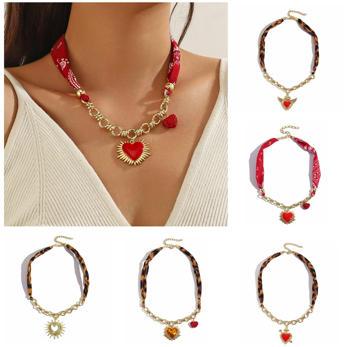 Wholesale Silk f leopard print fabric patchwork love Valentine's Day necklace