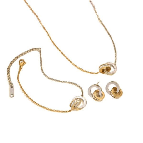 Wholesale Stainless steel gold and silver two tone circular single row rhinestone necklace bracelet and earrings
